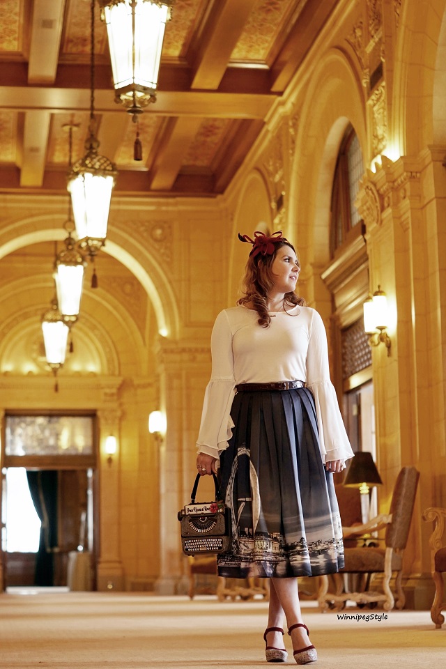 Winnipeg Style, Canadian fashion consultant, personal shopper, fashion stylist, Chie Mihara spring summer 2018 collection, Chie Mihara Tisa, tweed suede leather shoe heel, made in Spain, Mary Frances old fashioned typewriter clutch bag purse, Chicwish London skyline skirt, Winners chiffon draping sleeve top, Fort Garry Hotel Winnipeg, Manitoba